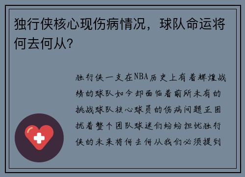 独行侠核心现伤病情况，球队命运将何去何从？